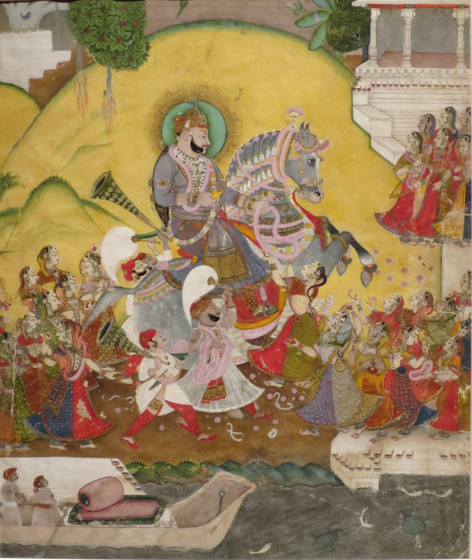 A court watercolour dated 1810 showing a ruler on horseback in a Gangaur festival procession at Udaipur.
