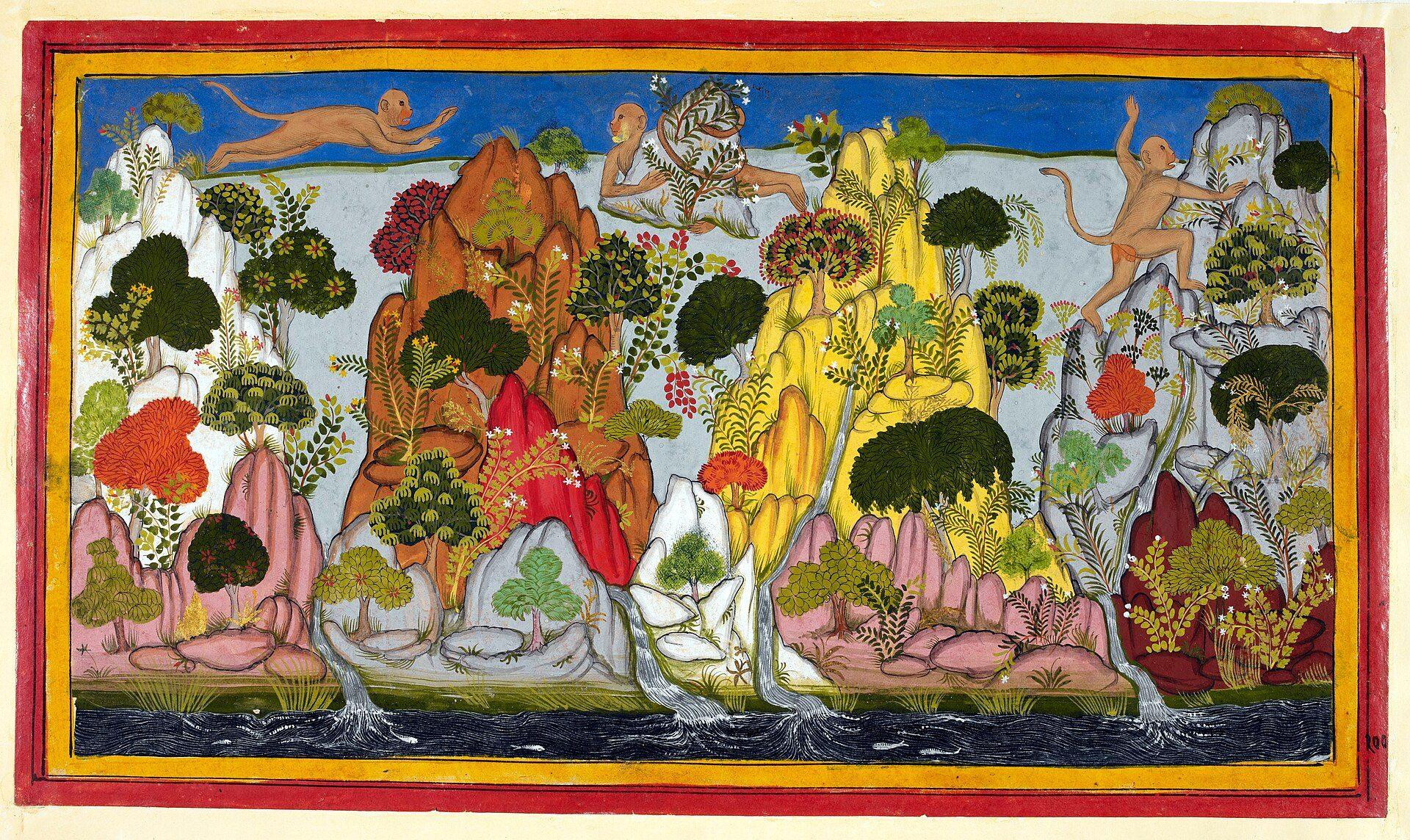 A page from the Mewar Ramayana: Hanuman flies over bright hills and trees carrying a mountain of healing herbs.